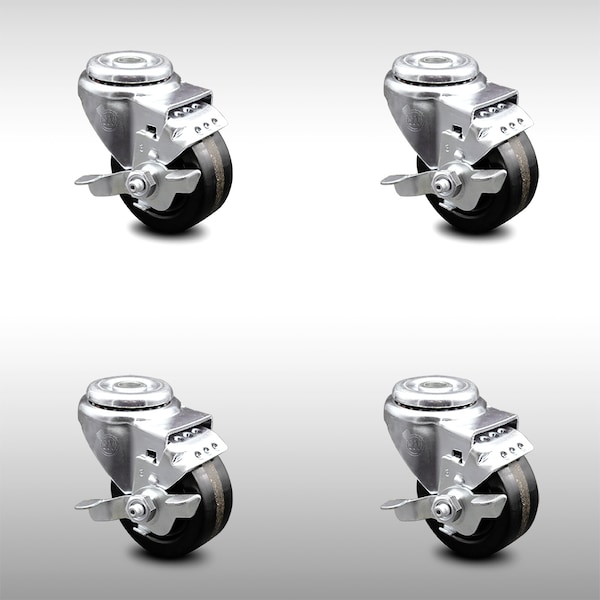 3 Inch SS Phenolic Wheel Swivel Bolt Hole Caster Set with Brake